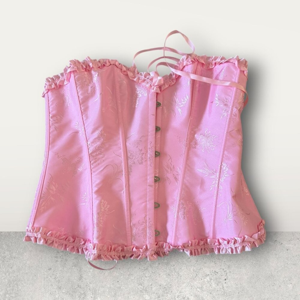 PINK Floral Laceup Ruffle Trim Corset Top Size XXL
